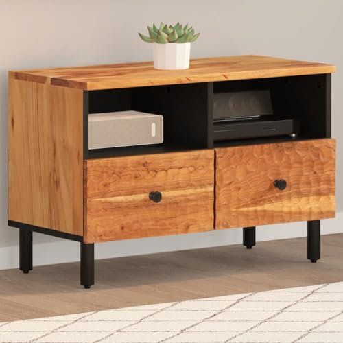 Homgoday Meuble TV 70x33x46 cm Bois d'acacia Massif Banc TV, Support de Télévision avec Tiroirs et Étagères, Armoire TV pour Salon, Chambre
