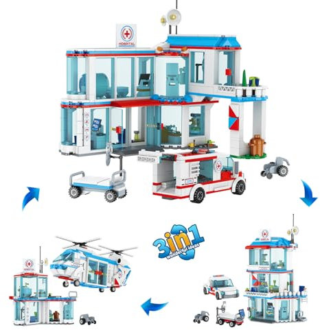 QLT 3 in 1 City Hospital Building Block Set, Hospital Rescue Helicopter, Trailer and Stretcher, STEM Gift for Boys and Girls Aged 6-12+(687PCS)