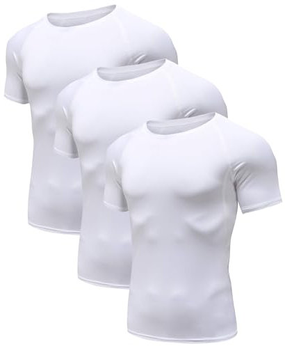 Men's Compression Shirts Short Sleeve Workout Running T-Shirt Tops Cool Dry Base Layer Athletic Undershirt White/White/White 12-M