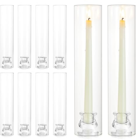 NUPTIO Bougeoirs en Verre Lot de 10 Bougeoirs Transparents de 30cm de Haut - Support de Bougies Coniques avec Couvercle Cylindrique Résistant au Vent pour la Décoration de la Cheminée