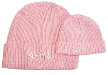 MAMARELLA Partnerlook Mützen Set in Rosa aus weichem Strick, Mama Baby Mütze Beanie, Mini Stickerei, Baby Geschenk Mädchen Geburt