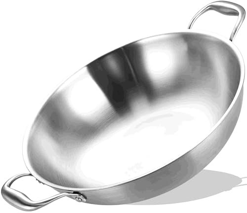LOLYKITCH Wok de chef triple épaisseur en acier inoxydable de 35,6 cm, poêle à frire profonde, grande cuisinière, casserole à induction, passe au lave-vaisselle et au four.
