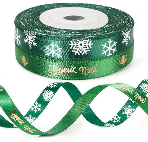 2 Rouleaux de Ruban de Satin de Noël 10 Yards - Joyeux Noël Flocon de Neige Ruban Vert pour Emballage de Cadeau et Décoration
