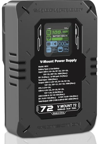 Anegine V Mount Akku mit LCD-Bildschirm 14.4V 5000mAh 72Wh Mini V Mount/Lock Akku mit PD 100W USB-C Schnellladung mit USB-A BP D-TAP Ports für Camcorder Kamera LED-Licht Video Monitor