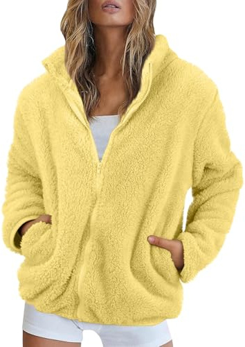 FUPODD Fleecejacke Damen Stehkragen Teddyjacke Reißverschluss Plüschjacke Frauen Freizeit Kuscheljacke Flauschig Jacke Winter Einfarbig Winterjacke Damen Warm Dicke Elegant Mantel Weich Bequem