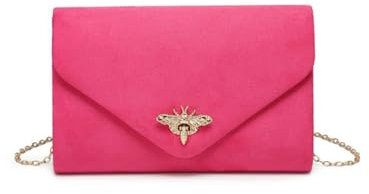 Kitise Women's Fashion V envelope Bee Clasp Faux Suede Clutch Handbag Evening Purse Bag With Chain Strap-FUCHSIA