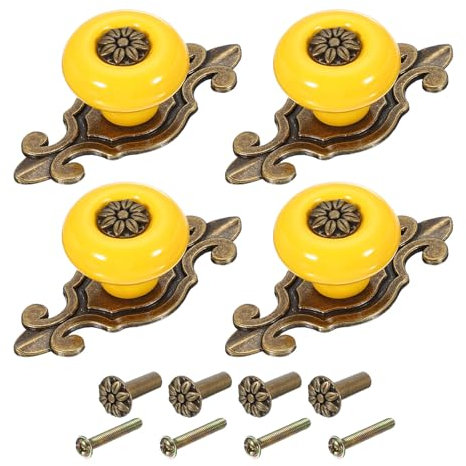 PATIKIL Retro Ceramic Knobs 1-1/4, 4Pcs Vintage Round Drawer Knobs Dresser Petal Pulls Handles with Backplate/Screw/Nut for Kitchen Door Cupboard Wardrobe, Yellow