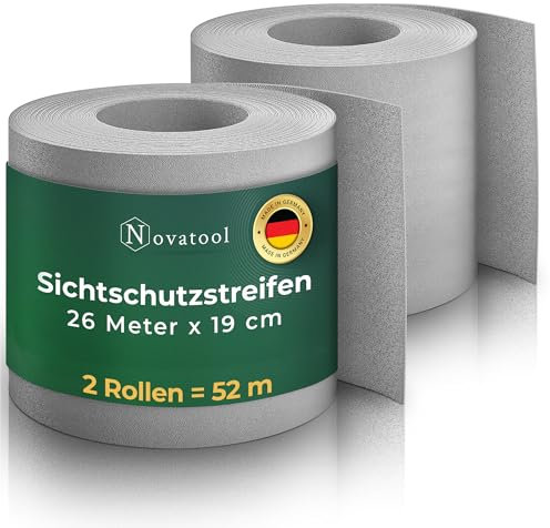 Novatool Premium PP 52m Rollen Nachhaltige Sichtschutzstreifen für Doppelstabmattenzaun Fenster Grau für 20 Reihen Stabmattenzaun Sichtschutzstreifen extra stabil UV-Beständigkeit Sichtschutz Garten
