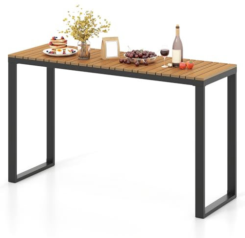 GOPLUS Gartentisch schmal, 129x42x75 cm Outdoor Bartisch Beistelltisch wetterfest, Stehtisch Tresentisch Konsolentisch mit Holzoptik und Metallstruktur, Langer Esstisch für Garten Hof Terrasse