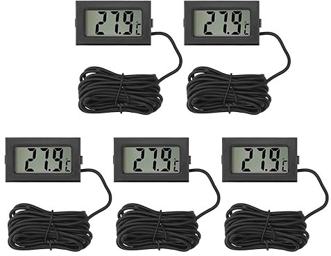 Aquarium Digital Thermometer mit Fühler, 5 Stück Temperatursensor Wasserdicht mit 2m Kabel, Eingebettetes Thermometers Temperaturüberwachung mit Externer Sonde, für Kühlschrank Gefrierschrank Aquarium