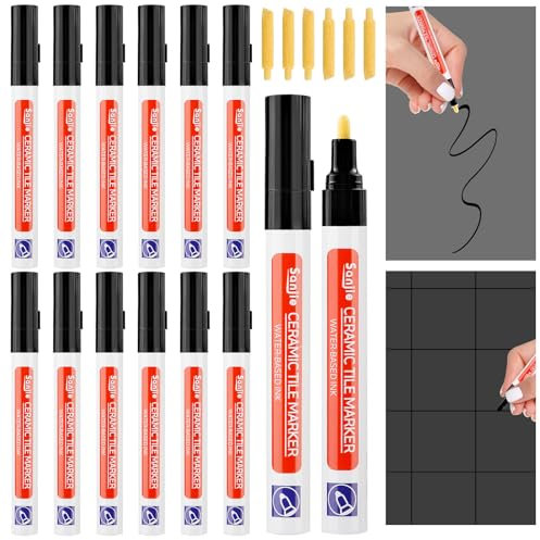 Sinofort Grout Pen Black,12PCS Tile Pen for Tiles Bathroom,Marker with Replacement Nib, Tiles Grout Pen,for Restoring Tile Grout Wall Floor Bathroom Kitchen and Floor Tiles