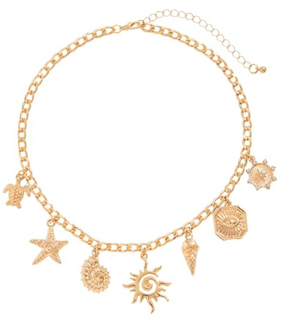 Cosswe Sommer Seestern Muschel Halskette Gold Seestern Muscheln Halskette Gold Charm Sonne Choker Kette Meer Stern Surferkette Boho Sommer Strand Schmuck für Mädchen Sommerurlaub