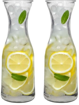 UNIQUE HOME LIVING 1L Water Carafe Set of 2 Classic Glass Pitcher Jug Juice Bottle, 34oz Juice Pitcher Glass Carafe Jug for Water, Iced Tea, Juice, Lemonade, Wine and Cold Beverages