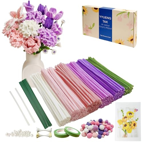 YYUENG TAK 500 Stück Rosa & Lila Pfeifenreiniger Blumen set(6 Farben),Geschenkbox mit Anweisungen,25 Blumendraht,100 Staubblatt,Perle,pompons,2 Klebeband,pfeifenputzer zum basteln Blumen Basteln & Diy