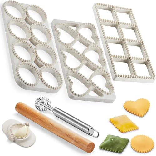 7pcs Ravioli Cutters Set - Round, Heart, Square Ravioli Mold Stamp Maker with Wood Rolling Pin, Dumpling Maker Kit and Pasta Wheel