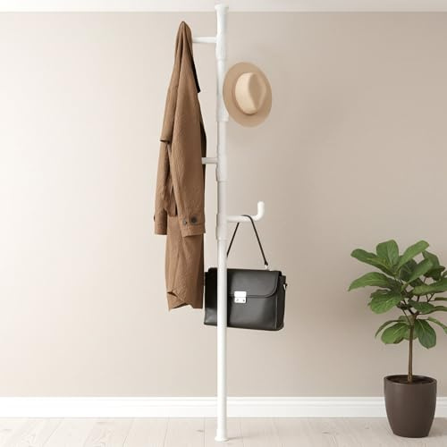 Garderobenständer Ausziehbar, Teleskop Kleiderständer mit 4 Haken, Weiß | Garderobe Platzsparend, 110cm bis 310cm, Stabil Kleiderstange aus Metall, für Mantel, Jacke, Hut, Schal