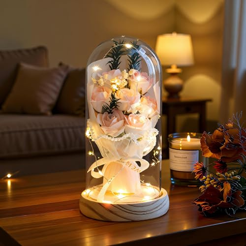 HEINexoria Artificial Roses in Glass Dome with LED Lights, Gift for Mum, Women & Grandma