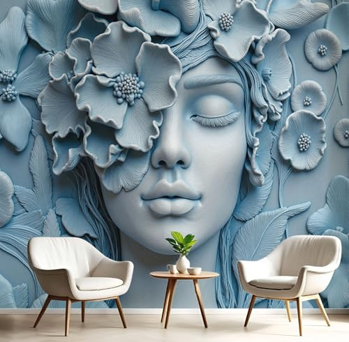 Blaues Relief Frau Fototapete Wanddekoration, 150×150cm(B×H) Panorama Poster Wandbild Tapete Natur Pflanze, Blau Seide Wandtapete Für Wohnzimmer Schlafzimmer Kinderzimmer Dekoration
