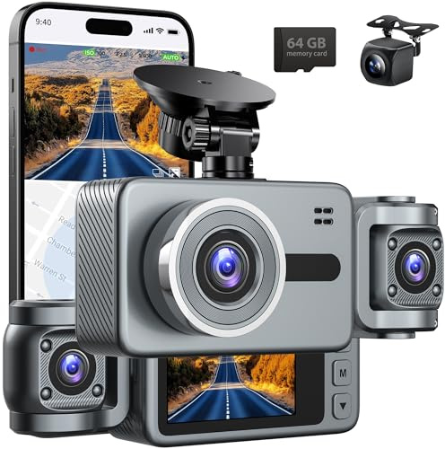 Dash Cam Front and Rear, 3 Channel Dashcam Car Camera with 64GB SD Card, 3 IPS Display, Wi-Fi, Night Vision, G-Sensor, APP Control for Cars, Vans, Trucks (Gray)