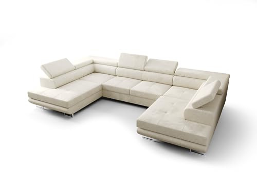 O-Sofa Wohnlandschaft Praga Design U, Eckcouch in U-Form mit Schlaffunktion, Farbe: Beige, Velourstoff, Ottomane Universal