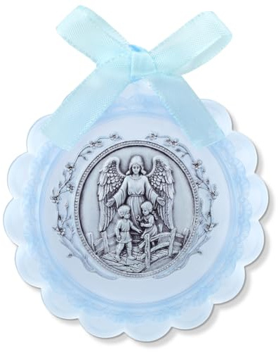 Kenning Medalla de ángel de la guarda para cuna, cinta azul, regalo | Adorno religioso de cuna para bebés, niñas y niños, medalla acrílica con borde festoneado, recuerdo de bautizo