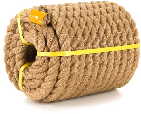 1.5 Inch Jute Rope 50 Feet, Natural Hemp Rope Manila 4 Strand Twisted Twine, Thick for Crafts Heavy Duty Multipurpose for Swing Bed, Camping, Tug of War, Decoration, Docks, DIY Projects