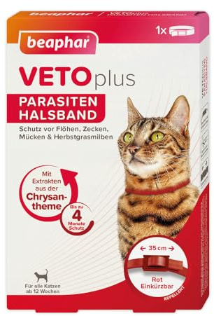 BEAPHAR - VETOplus Parasiten Halsband Für Katzen Ab 12 Wochen - Bis Zu 4 Monate Wirksam Gegen Flöhe, Zecken, Mücken Und Herbstgrasmilben - Rot, 35 cm