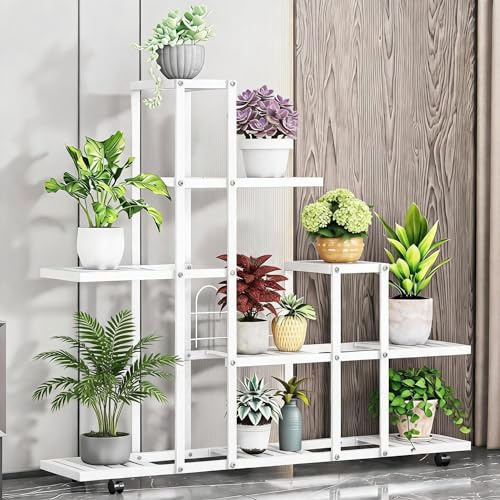 Garvee Porta Piante da Interno ed Esterno, Scaffale per Piante in Ferro per Vasi, Supporto Fiori con Ruote, Espositore Piante Salvaspazio per Soggiorno, Balcone e Giardino (6 Livelli (Bianco))