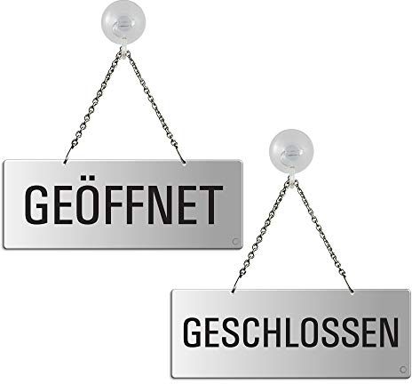 Schild Geöffnet Geschlossen 175x65 mm Wendeschild Aluminium silber-matt eloxiert Metallkette und Saugnapfhaken 31203-ES