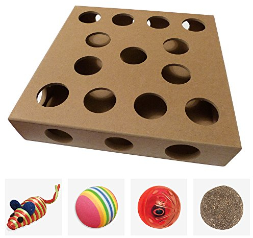 Einzigartiges Design - Interaktives Katzenspielzeug Box Durch Smitten Kitten - 4 Individuelle Katzenspielzeuge zum Verstecken Inklusive - 3 Kugeln und 1 Maus - Großes Geschenk Für Irgendeine Katze