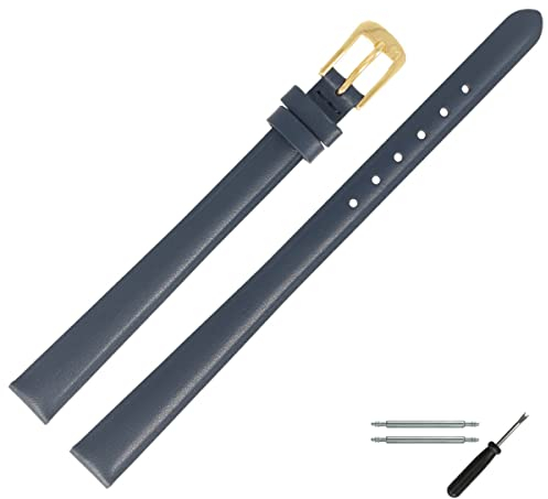 MARBURGER Uhrenarmband 8mm Leder Blau Gold XL Glatt Mit Naht - Montage Set 6600851000220