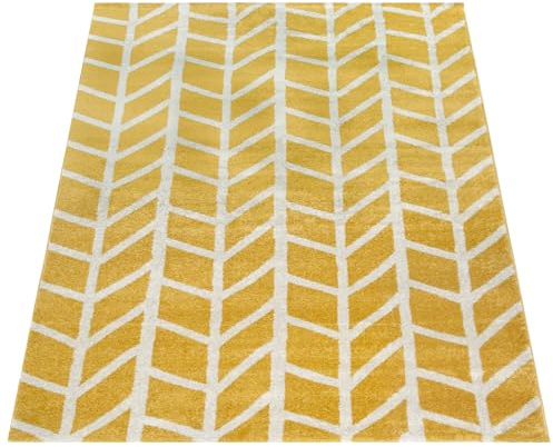 Paco Home Teppich Wohnzimmer Muster Geometrisch Modern Kurzflor Streifen In Gelb Weiß, Grösse:80x150 cm