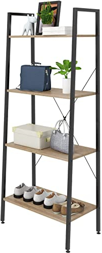 eSituro Bücherregal Leiterregal 4 Ablagen Standregal Aufbewahrung Küchenregal Badregal 60x35x148CM Schwarz+Hell Eiche SSTR0020