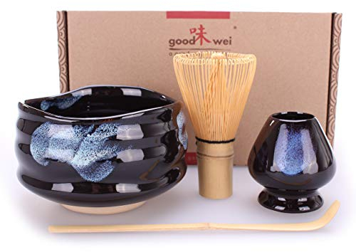 Goodwei Matcha Kit | Bol Matcha Artisanal Chawan, Cuillère e Fouet à Matcha avec Support de Fouet en Céramique au design assorti | Service à Thé Japonais (Burashi, 120)