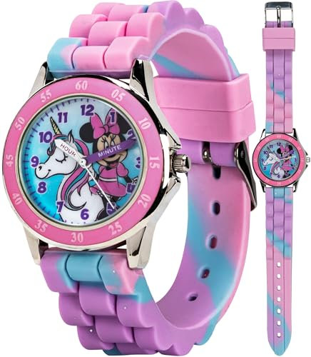 Disney Accutime Kinder Mickey Mouse Minnie Maus Analog Quarz Uhr Zeitlehrer Armbanduhr für Kleinkinder, Jungen & Mädchen zum Lernen der Uhrzeit, Minnie Cotton Candy, Modern