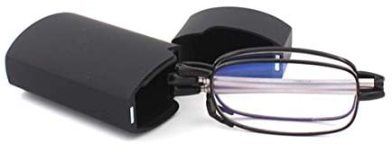 KoKoBin Faltbare Lesebrille aus Edelstahl Mini Anti-Blau Sehnhilfe für Damen und Herren Lesehilfe mit Hartschalen-Etui(Schwarz,+2.0)