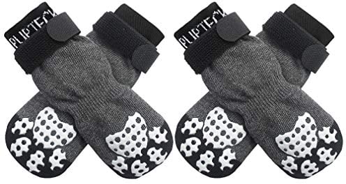PUPTECK 2 Pairs Anti-Slip Dog Socks Paws Stop Licking, Walking Boots for Injured Paws Hot Weather/Winter, Gripper Shoes Paw Protectors for Hardwood Floors Small Large Dogs, Grey