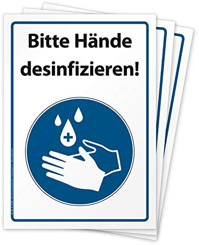 3 hochwertige Aufkleber Bitte Hände desinfizieren, Hinweisschild | Folie selbstklebend DIN A4 (210 x 297 mm)