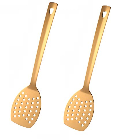SBOMHS Pfannenwender Edelstahl 2 Stücke Spachtel für die Küche Bratenwender Metall Länge 33 cm, Breite 8 cm Schlitzwender Küchenhelfer Gold