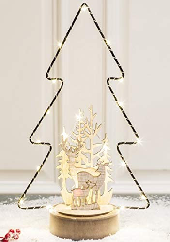 Haushalt International Kunstbaum Tanne 18 x 9,5 x 30,7 cm mit Holzdeko, 20 warmwei? en LED, Kupferlicht