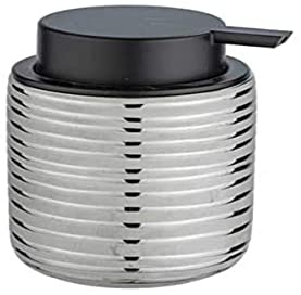 WENKO Seifenspender Vilalba aus hochwertiger Keramik mit horizontaler, linienförmiger Reliefstruktur, nachfüllbarer Seifendosierer, Pumpaufsatz Schwarz, 9 x 7,5 x 12,5 cm, Füllmenge 280 ml, Silber