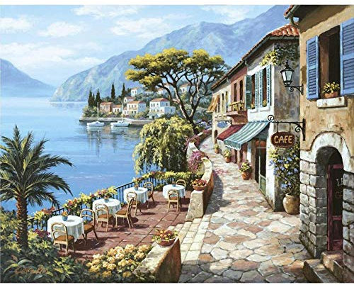 CXArtprint Leinwanddruck Wandkunst Küstenlandschaften Bild Overlook Cafe Sung Kim Öl Mediterrane Kunstwerke für Wohnkultur 60x80cm ohne Rahmen
