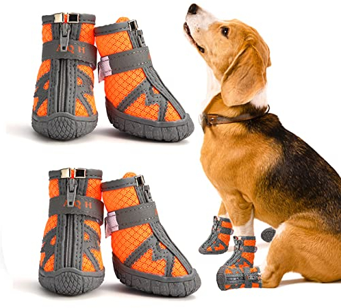 AQH 4Pcs Hundeschuhe, Aktualisiert Pfotenschutz für Hunde mit Anti-Rutsch Sohle, Atmungsaktiv Hundestiefel mit reflektierenden Riemen für Hunde (Orange, Breite Größe 2: 3,1-3,5 cm)