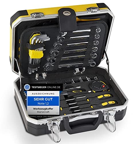 ManoCraft Werkzeugkoffer gefüllt, Premium All-in-One handlicher und rutschfester Werkzeugkasten 100-teilig [für Heimwerker KFZ oder als Geschenk]