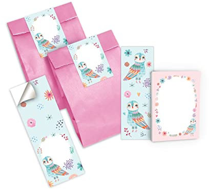 Junapack 6 Lesezeichen + 6 Mini-Notizblöcke + 6 Geschenktüten (rosa) + 6 Aufkleber Eule Mitgebsel Gastgeschenk beim Kindergeburtstag Mädchen