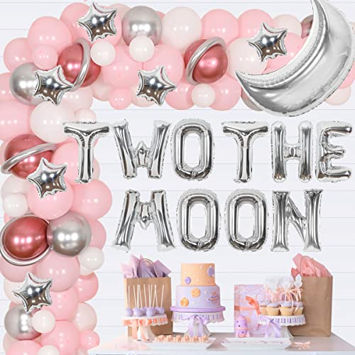 Fangleland Two the Moon Ballon Girlande Kit Rosa Mädchen Weltraum 2nd Geburtstag Party Dekorationen mit Mond Stern Ballons für Weltraum Astronaut Second Party Supplies