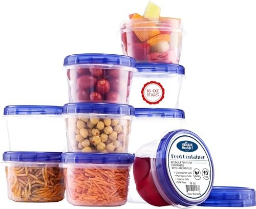 16 Oz Food Storage Containers with Screw And Seal Lid (10 Pack) Soup Container leak proof Airtight Stackable Reusable Microwave Safe BPA FREE