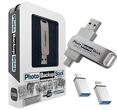 Photo Backup Stick Omega Universal Picture and Video Backup for Any Device - iPhone, Android, Computer, Tablets (512GB)