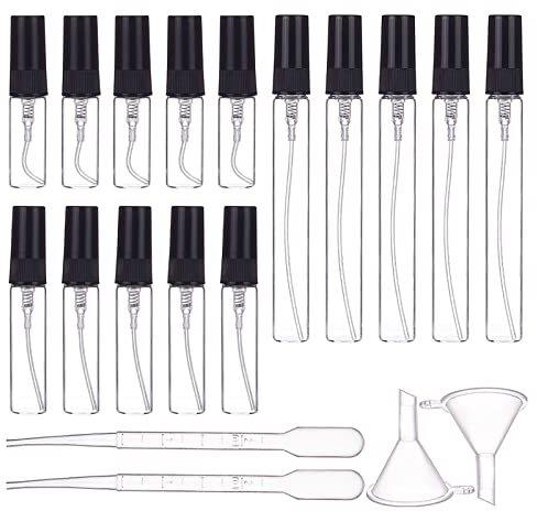 BENECREAT 30 STÜCKE 3ml/5ml/10ml Mini-Sprühflasche Aus Glas Mit Feinem Nebel, Klarglas, Leerer Zerstäuber (Schwarze Kappe) Mit 2PCS Trichter Und 4PCS 2ml Pipetten Für Parfüm, Kosmetik