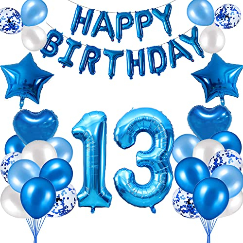 HCRXVV 13. Geburtstag Dekoration Blau 13 Jahr Jungen Geburtstagsdeko Set,Blaue Happy Birthday Girlande Banner Folienballon Jungen Party Deko Geburtstag Party für Wohnzimmer,Luftballons Zahl 13 Blau